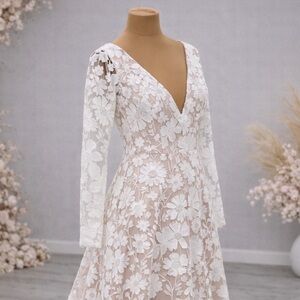 Abbey —Deep V cut Long Sleeve Floral Wedding Gown